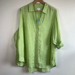 NWT Sigrid Olsen 100% Linen Button Front Collared Shirt Tunic Lime Green Size 1X